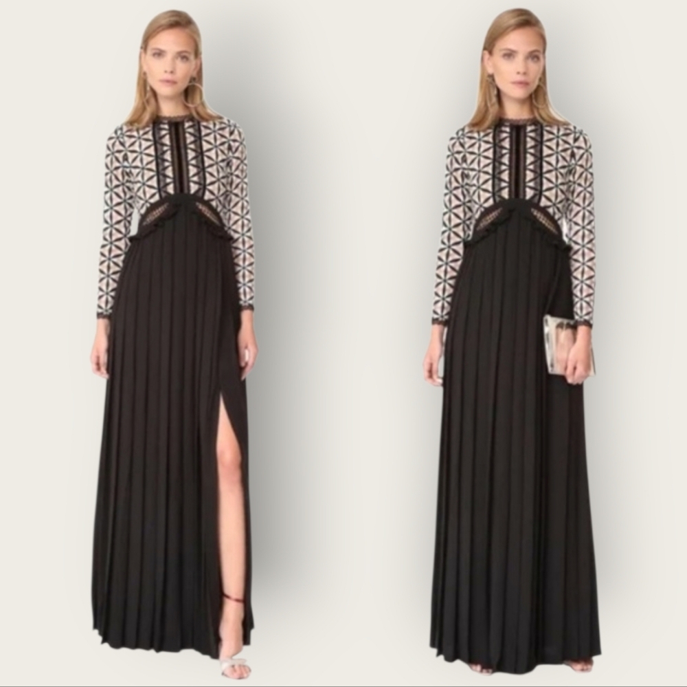 NWT SELF PORTRAIT Guipure Maxi Dress Gown Pleated Cut Out Frilled Size 6 Black